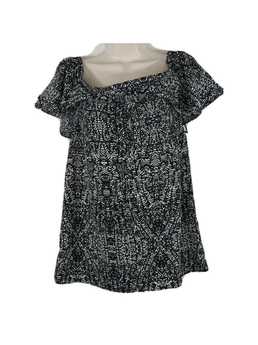 Creative Commune Top Shirt Women Size M Black White Geometric Keyhole Tie Back